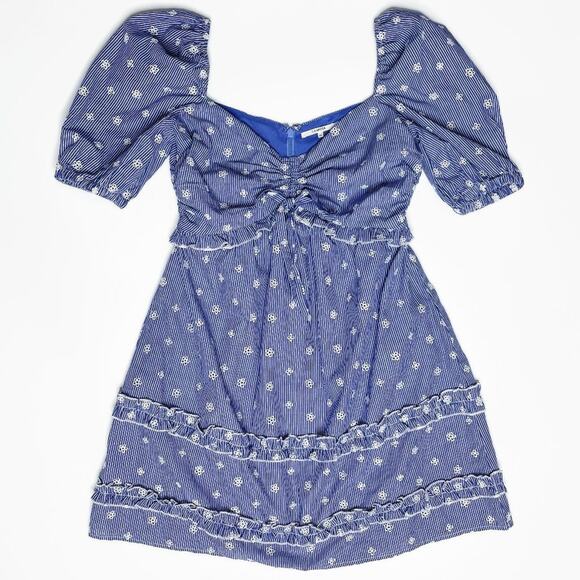 Tularosa Belen Navy White Puff Sleeve Floral Eyelet Mini Babydoll Dress XS - Picture 2 of 14